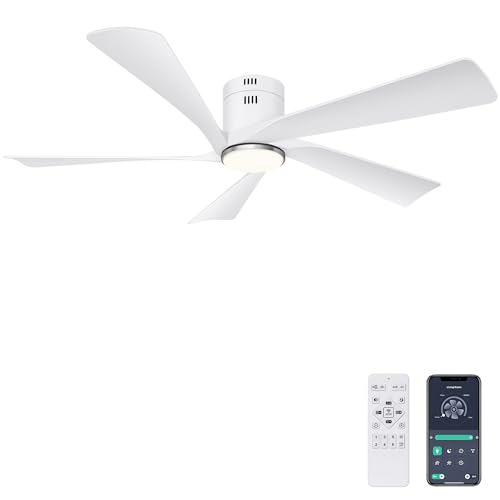Ohniyou Ventilador de techo de 52 pulgadas con Luces, Mando a distancia y APP Control, Ventiladores de Techo Empotrables para Interior y Exterior, Luz Regulable, 6 Velocidades, Reversible, Blanco