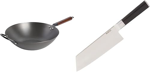 Babish Wok de fondo plano de acero al carbono y sartén para freír, 14 pulgadas y cubiertos de acero alemán 1.4116 de alto carbono, cuchillo de llave