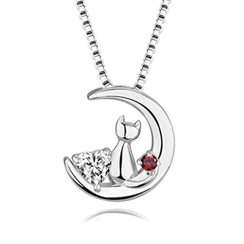 [HAH] ネックレス レディース 誕生石 ネコ 月 願望実現 モチーフ ペンダント プレゼント (7月ルビー)