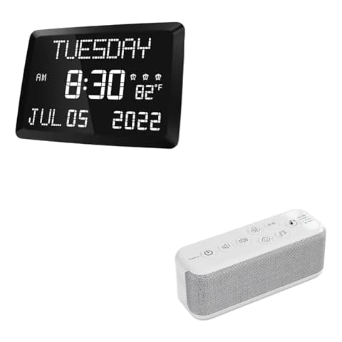 Raynic Digital Clock, 11.5" Large Display Digital Wall Clock,Adjustable Brightness Calendar Clock White Noise Machine, 42 Soothing Sounds Noise Machine, Rechargeable Battery Sound Machine Cover