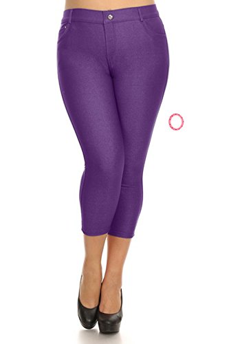 Yelete Women's Stretchy Cropped Plus Size Capri Jeggings with Neon Color Hair Band