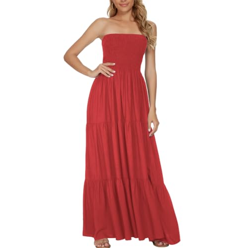 Image of Women's Summer Strapless Tube Top Maxi Dresses Off Shoulder Boho Beach Long Dress