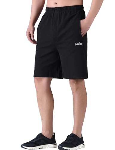 Zoulee Men's 9-inch Loose-Fit Cotton Sports Shorts with Front Fly and Zippered Pockets