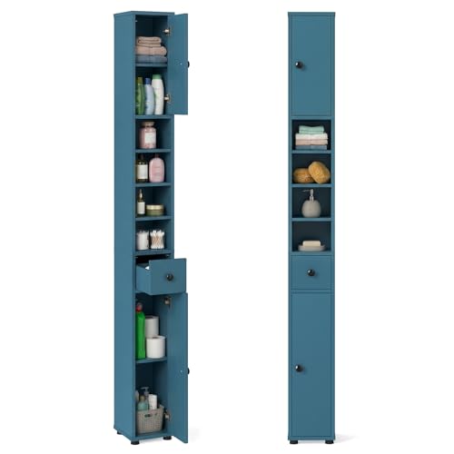Tangkula Tall Slim Bathroom Storage Cabinet, 71 Freestanding Bathroom Cabinet w- 2 Doors, 1 Drawer & 5 Adjustable Shelves, Floor Narrow Tower Cabinet for Small Spaces, 8 x 8 x 71 (Blue)