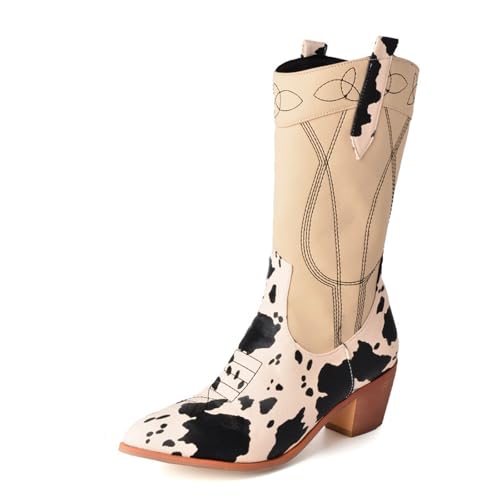 Botas Altas Con Punta En Punta Boots De Vaquero Occidentales Retro for Mujer Botas Sin Cierres Con Estampado De Vaca Y Tacón En Bloque Boots De Caballero De Cuero PU Botas De Nieve(Brown,41 EU)