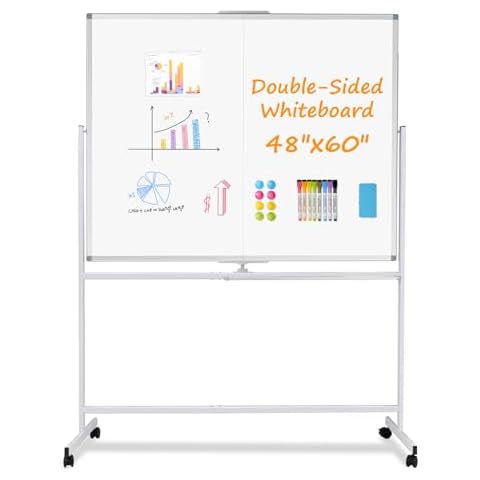 [40 Sq/Ft] WALGLASS Rolling Double-Sided Whiteboard, 360 Degree Reversible 60"x48" White Magnetic Board, Dry Erase Board on Wheels with Mobile Stand for Office, School, and Classroom, 5'x4' Cover