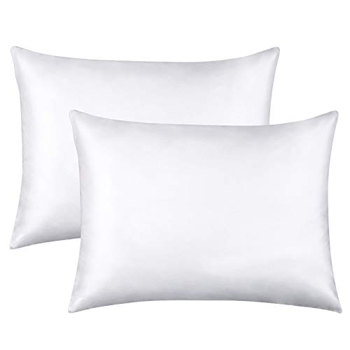 FLXXIE 2 Pack Zippered Satin Standard Pillowcases, Silky Soft and Luxury (White, Standard)