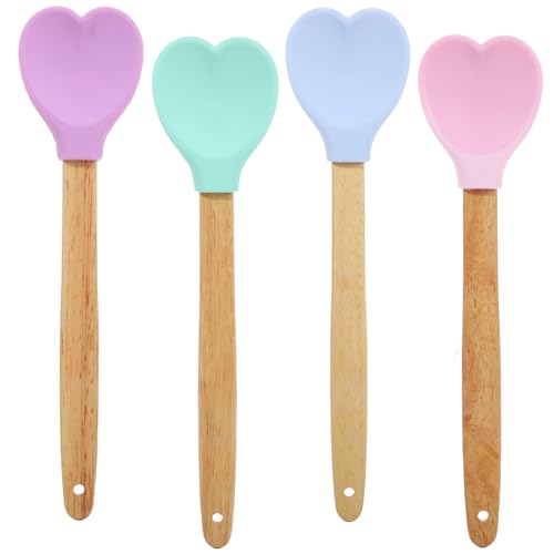Liobelon 4 Pieces Heart Shaped Spoons, Silicone Heart Spatula with Wooden Handles for Serving Stirring Baking Kitchen Accessories by Liobelon - Used condition - US$9.79
