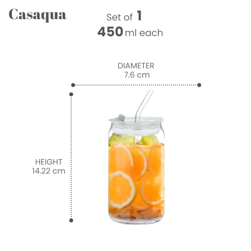 Image of Drinking Glasses with Plastic Lids and Straw - 450ml, Set of 1, Can Shaped Glass Cups, Beer Glasses, Iced Coffee Glasses, Cute Tumbler Cup, Ideal for Cocktail, Whiskey, Tea