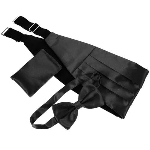 NOLITOY Men’s Bow Tie, Cummerbund, and Handkerchief Set – Black Formal Suit Accessories for Party and Wedding – Fashion Men’s Costume Kit with Classic Solid Color