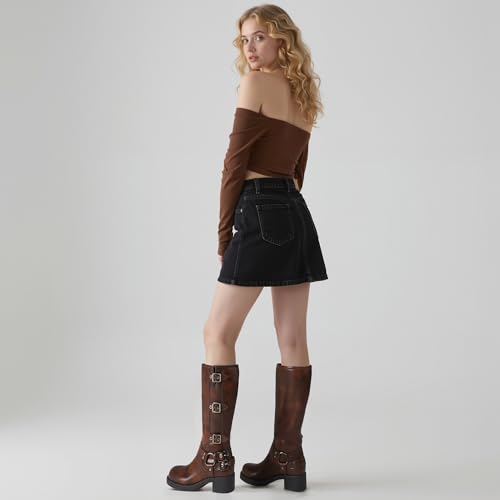 Image of AMINUGAL Knee High Boots Women Square Toe Pull On Wide Calf Riding Fashion Buckles Chunky Metallic Casual Vintage Buckle Rivet