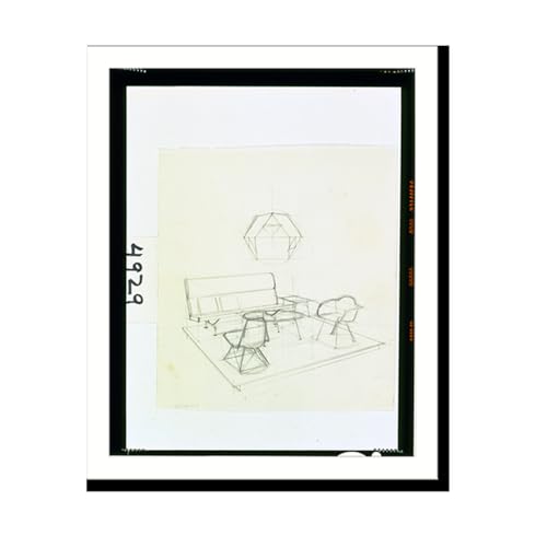 [Sketch of Herman Miller showroom with Eames furniture and hanging