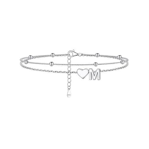 PROSILVER Women Sterling Silver Heart Anklet, A-Z Letter Initial Ankle Bracelet, Adjustable Hypoallergenic Double-Layer Foot Chain for Beach Summer wi