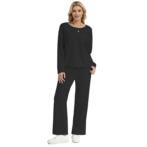 MAGICATELIER Women 2 Piece Matching Lounge Sets Long Sleeve Top Wide Leg Pants Pockets Travel Sweatsuit Casual Tracksuit — view 2