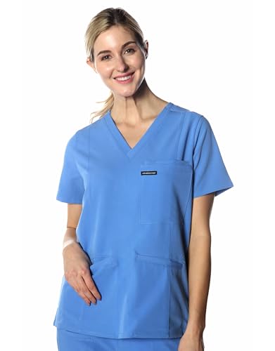 Members Only Women's Siena Scrub Top with 5 Pocket | Hospital Uniform|Nursing Scrubs| Pull On Closure Shirt (Ceil Blue, Large)