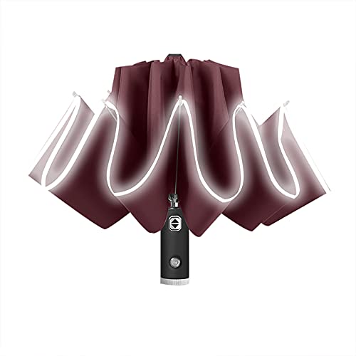 Parapluie pliable coupe-vent rouge automatique à 10 baleines et lampe LED intégrée
