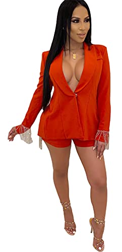 Womens Sexy 2 Pieces Back Slit Tassel Blazer Jackets Bodycon Shorts Party Casual Elegant Business Suit Outfits Set(Tassel red,L)2