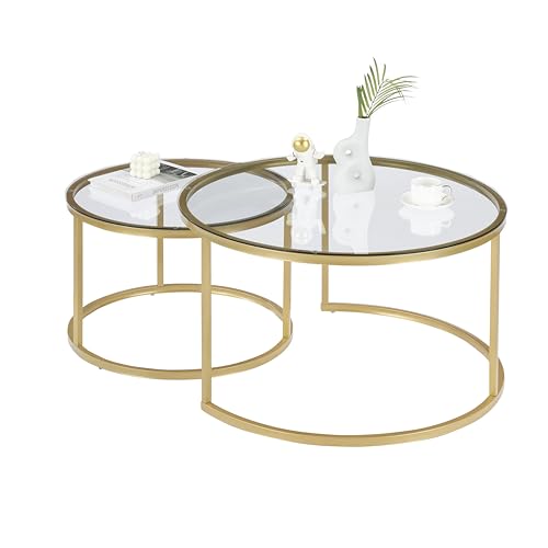 Ginhow Juego de 2 Mesa Centro Salon Nido Redondas de Cristal Templado y Metal Dorado, Mesas Auxiliares Modernas para Salón, Mesa de Centro Grande 80x45cm y Pequeña 60x35cm