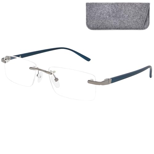Mini Brille - Lunettes de Lecture Percées Sans Cerclage avec Verres Transparents Rectangulaires, Boite Lunette Inclus, Cadre en Acier Inoxydable (Bleu), Lunette Homme...