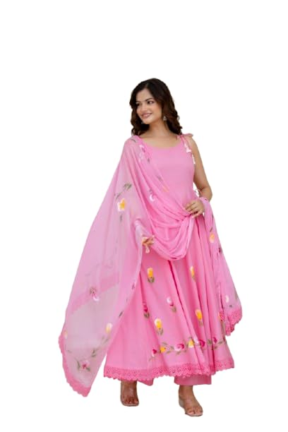 Women Pink Floral Empire Phulkari Pure Cotton Kurta Palazzos & Dupatta Set-image-42