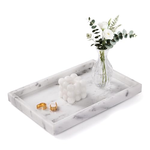 Homaura Bathroom Tray for Countertop Marble Perfume Tray for Dresser Organizer Marble Tray for Bathroom Counter & Home Decor Natural Decorative Stone Vanity Trays 12 x 8 Starry White