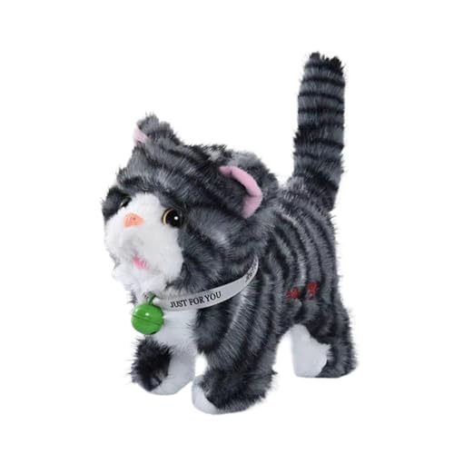 Sharplace Jouet en peluche chat qui miaule et marche, queue qui remue, multifonctionnel, avec 12 mélodies, animal électronique interactif avec...