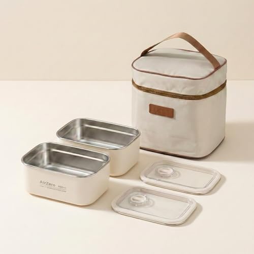 Image of Stainless Steel Lunch Box with Thermal Insulated Bag, Leakproof Microwave Safe Bento Tiffin, 304 Food Grade Containers, 600ml x 2 (1200ml Total), Cream Beige