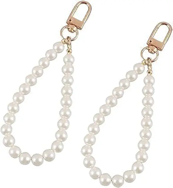 Gold Faux Pearl Keychain Wristlet Strap - 2Pcs Elegant Beaded Keyring Holder