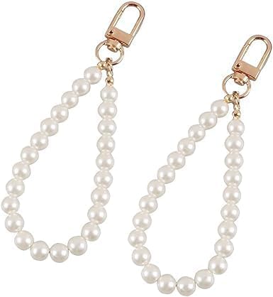 Wyjuan Unisex Gold 2Pcs Faux Pearl Keychain Straps Beaded Keyring Lanyard Key Chain Holder Wristlet Key Ring Wrist Strap Elegant Purse Lanyard Strap Women's Keyrings And Keychains,Pearl Beaded Keychain Wristlet