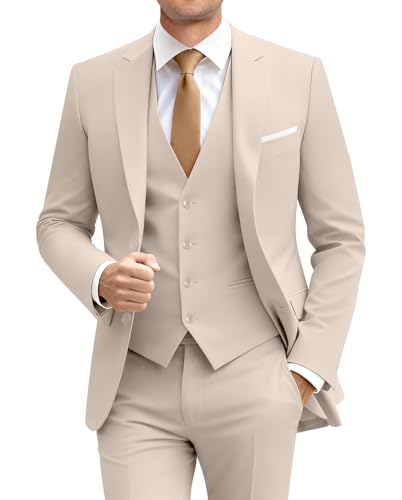 Mens 3 Pieces Suit Formal Slim Fit Suit Men 2 Button Suit Blazer Vest Pants Set Light Champagne Suits for Men Groom Wedding Prom Mens Tuxedos L