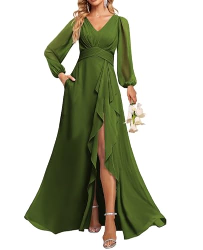 Vestidos de dama de honor con mangas globo, cuello en V, plisado, de gasa, con bolsillos, verde oliva, 50