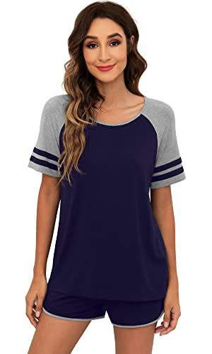 WiWi Conjunto de pijama de bambú para mujer, 2 piezas, conjunto de pijama suave, ropa de dormir de manga corta con pantalones cortos, ropa de dormir S-XXL, Azul Marino, XXL