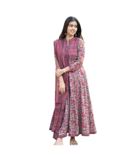 Image of Women's Cotton Trending Anarkali Printed Kurta with Pants and Dupatta Set | Ethnic Set (Blue)