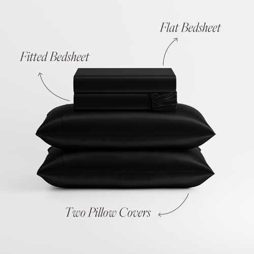 Stoa Paris Queen Size 4 Piece Satin Sheet Set, 300TC Flat & Deep Pocket Fitted Cooling Sheets, 2 Pillow Covers, Skin & Hair Friendly, Bedroom Essentials, Aesthetic Home Decor, Date Night - Black