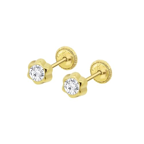 TIME ROAD Pendientes Bebé Niña de Oro 9K HIN00267/4 - Cierre Seguro de Rosca - Pendientes de Flor 4 mm - Infantil 3, 6, 12 a 24 meses - Ideal como Regalo de Nacimiento, Bautizo o Cumpleaños