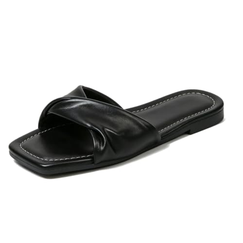 Sandales plates pour femme parfaites pour l'été et la plage en cuir noir à bout carré