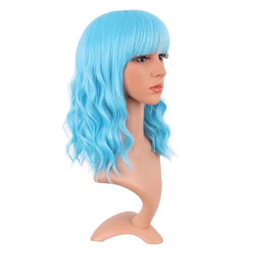Image of MapofBeauty 14 Inch /35 cm Short Wavy Curly Women Fresh Bright Synthetic Ordinary Flat Bangs Bob Wig (Sky Blue)