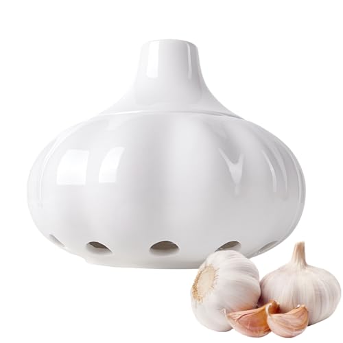 Acaino Knoblauchtopf aus Keramik, Knoblauch-Aufbewahrung mit Deckel und belüftungslöchern, Knoblauchbehälter für Küchentheke Dekor (weiß)