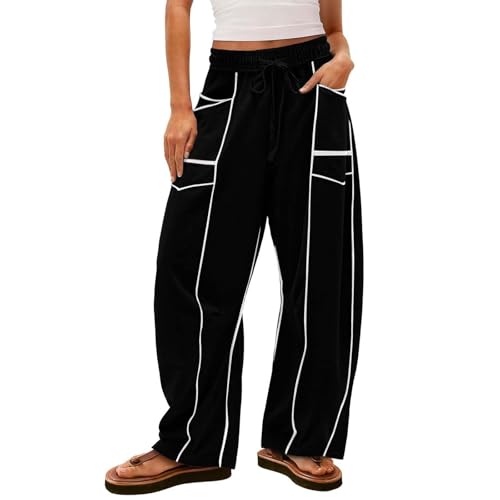 Pantalon large femme décontracté fluide en toile légère avec poches et taille haute