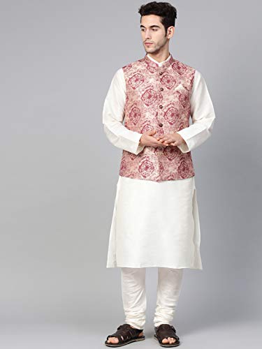 Image of MANQ Men Fawn Woven Jaquard Silk Nehru Jacket