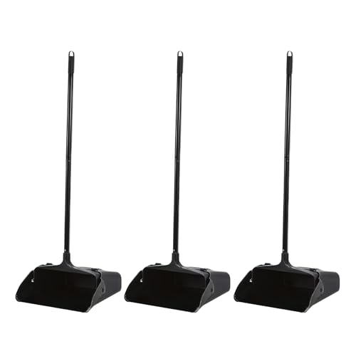 Primero Basics 3-Pack Commercial Upright Dust Pan with Long Handle and Wheels – Heavy Duty Large Dust Pans for Indoor/Outdoor Use, Janitorial or House Cleaning Tools, Black Standing Dustpan