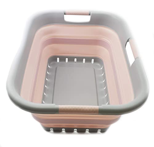 Image of SAMMART 41L Collapsible Plastic Laundry Basket - Foldable Pop Up Storage Container/Organizer - Portable Basket - Space Saving Hamper/Basket (3 handled rectangular, Grey/Pink)