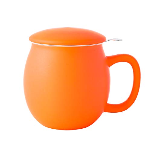 Yundu 12 OZ Matte Orange Ceramics Teacup with Infuser and Lid, Mug with Lid for Steeping - Stainless Steel Infuser for Loose Leaf Tea, Home Office Gift for Tea Lovers