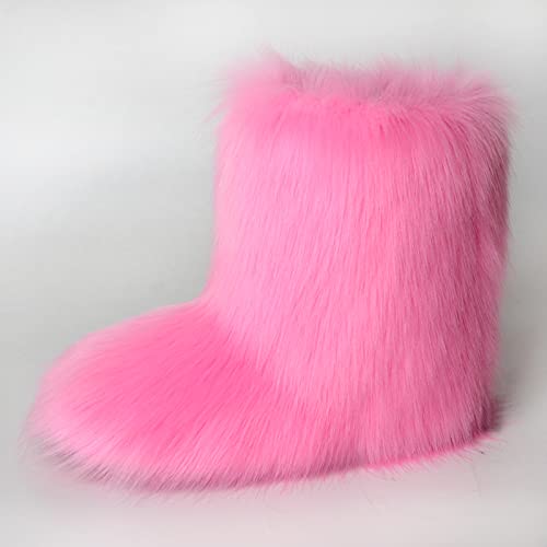 Bininbox Faux Fur Boots For Women Fuzzy Fluffy Furry Round Toe Suede Winter Comfy Plush Warm Short Snow Bootie Flat Shoes Mid-Calf Boots Outdoor Indoor(7 B(M) Us,Pink) #TOP5