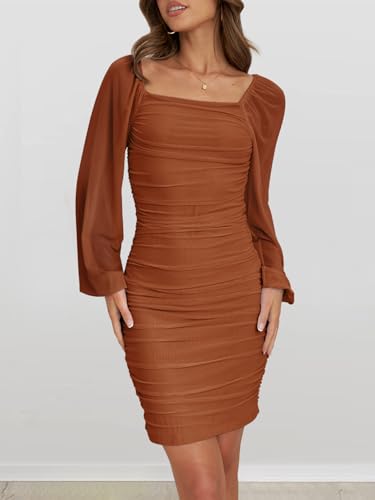 Image of MEROKEETY Women Square Neck Lantern Long Sleeve Mesh Ruched Bodycon Clubwear Mini Dress