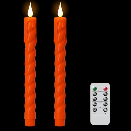 Image of Flickering Flameless Taper Candles with Remote and Timer, 2 Pack Battery Operated LED Taper Candles 3D Wick Plastic Dripping Effect Dinner Halloween Indoor Decor(Orange, 0.78 inch D x 9.65 inch H)