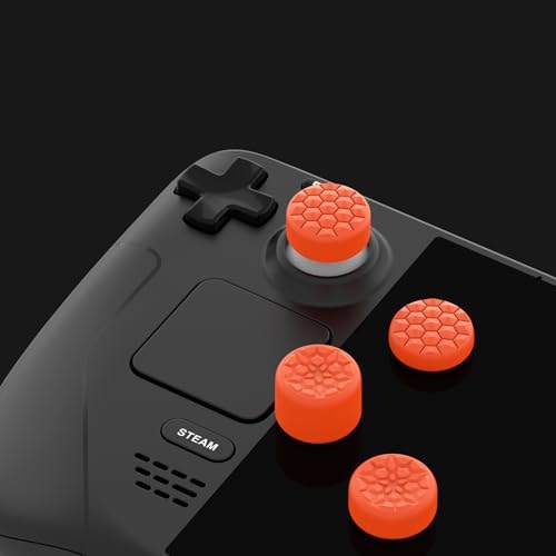 PlayVital Orange Ergonomic Stick Caps Thumb Grips for Steam Deck LCD & OLED, for PS Portal Remote Player - with 3 Height Convex and Concave - Diamond Grain & Crack Bomb Design, Set of 10 - 1