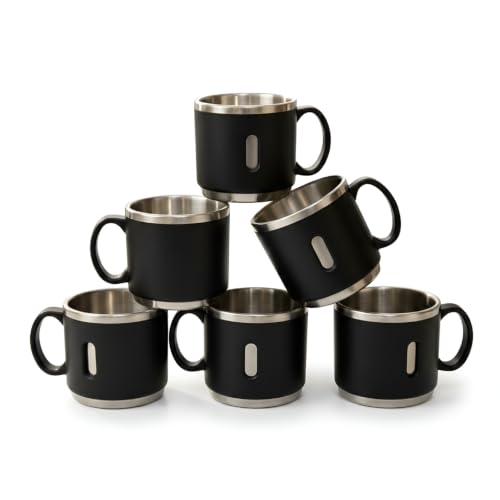 Image of Premium Stainless Steel Double Wall Coffee Mug Set of 6 (150ml Each) | Insulated Reusable Tea & Coffee Cups | Rust Resistant | Hot & Cold Drink Mugs | Gift Set for Home & Office (Black)
