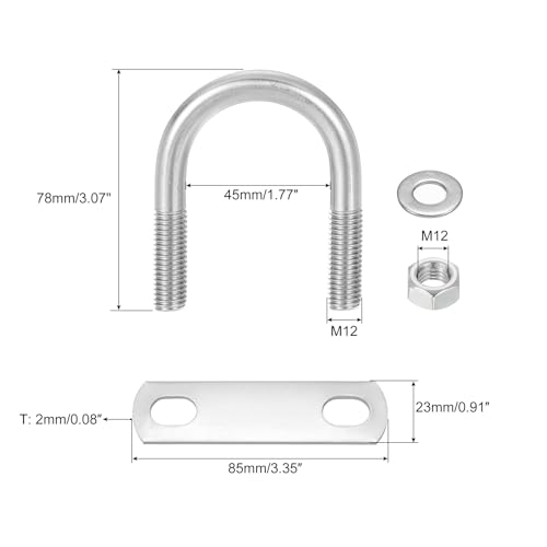 Image of uxcell Round U-Bolts, 8 Sets 45mm(1.77 inch) Inner Width 78mm Length M12 304 Stainless Steel U Clamp Bolt with Nuts and Plates, for Boat Trailer