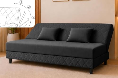 Image of Deco Studio 3 Seater Sofa Bed | Premium Upholstered Velvet Fabric Folding Couch for Living Room, Guest Room & Bedroom | Quilted Backrest with 2 Cushions (Black)